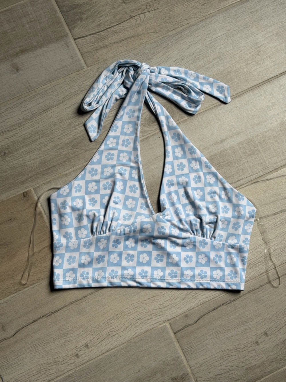 RSQ Light Blue & White Floral Check Halter Top